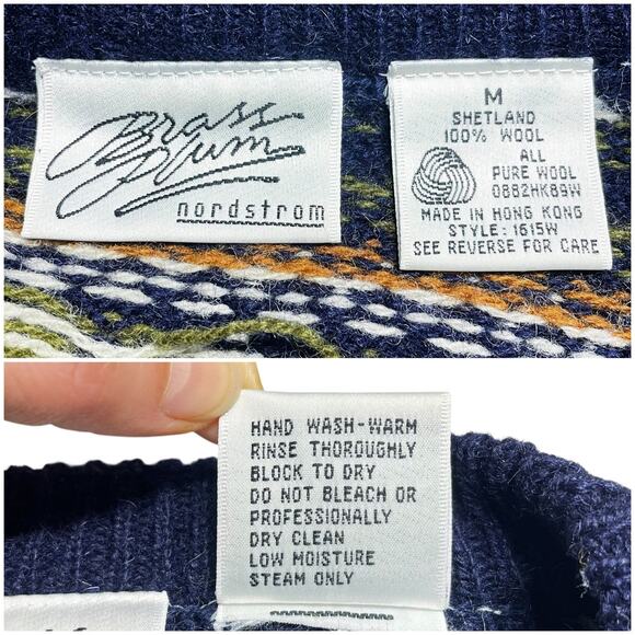 BRASS PLUM NORDSTROM Vintage 80s/90s Shetland Wool Nordic Crewneck Sweater Sz M - Picture 6 of 8